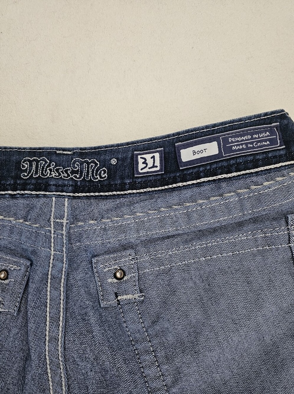 MissMe Wms Loose Saddle Stitch Border Bootcut Low-Rise Stretch Indigo Blue Sz 31 - Picture 14 of 16